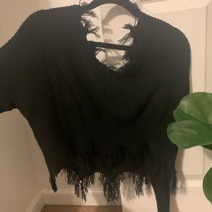 BLACK DISTRESSED OFF THE SHOULDER CROPPED SWEATER